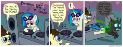 Size: 850x326 | Tagged: safe, artist:fadri, imported from derpibooru, dj pon-3, fine line, maxie, vinyl scratch, oc, oc:wubsy, changeling, pony, comic:and that's how equestria was made, comic, female, mare