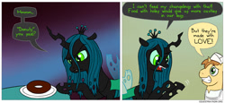 Size: 850x390 | Tagged: safe, artist:fadri, imported from derpibooru, donut joe, queen chrysalis, changeling, changeling queen, pony, unicorn, comic:and that's how equestria was made, comic, donut, female, food, male, stallion