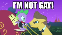 Size: 600x338 | Tagged: safe, edit, edited screencap, imported from derpibooru, screencap, caramel, spike, dragon, earth pony, pony, season 1, the best night ever, apple carriage, bowtie, caption, carriage, clothes, duo, image macro, male, stallion, tuxedo