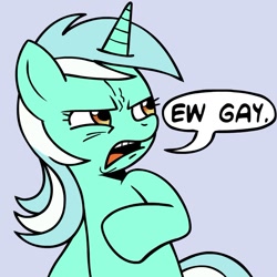 Size: 945x945 | Tagged: safe, artist:megasweet, imported from derpibooru, lyra heartstrings, pony, unicorn, artifact, ew gay, female, hilarious in hindsight, irony, mare, reaction image, solo