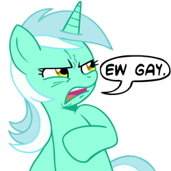 Size: 945x945 | Tagged: safe, artist:megasweet, imported from derpibooru, lyra heartstrings, pony, unicorn, ew gay, female, hilarious in hindsight, mare, meme, simple background, solo, text, white background