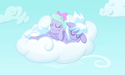 Size: 2500x1500 | Tagged: safe, artist:hunnel, imported from derpibooru, cloudchaser, flitter, pegasus, pony, bow, cloud, duo, duo female, eyes closed, female, floppy ears, hair bow, lying on top of someone, mare, prone, sky, sleeping, vector