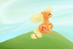 Size: 900x607 | Tagged: safe, artist:bux, imported from derpibooru, applejack, pony, eyes closed, female, hill, mare, raised hoof, sitting, solo, windswept mane