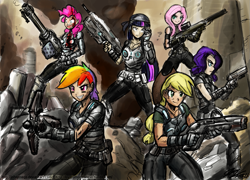 Size: 1053x758 | Tagged: safe, artist:johnjoseco, artist:michos, imported from derpibooru, applejack, fluttershy, pinkie pie, rainbow dash, rarity, twilight sparkle, human, crossover, gears of war, humanized, mane six