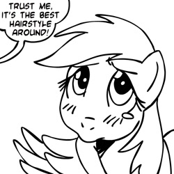 Size: 945x945 | Tagged: safe, artist:megasweet, imported from derpibooru, fluttershy, pegasus, pony, black and white, female, grayscale, monochrome, offscreen character, recolor, simple background, solo, speech bubble, toy, white background