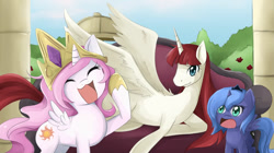 Size: 1023x574 | Tagged: dead source, safe, artist:jinzhan, imported from derpibooru, princess celestia, princess luna, oc, oc:fausticorn, pony, :3, accessory swap, cewestia, cute, cutelestia, eyes closed, female, filly, jewelry, lauren faust, mare, open mouth, pink-mane celestia, raised hoof, regalia, trio, woona, younger