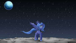 Size: 1024x576 | Tagged: safe, artist:jinzhan, imported from derpibooru, princess luna, alicorn, pony, earth, female, moon, planet, s1 luna, solo, space, stars