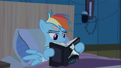 Size: 700x394 | Tagged: safe, edit, edited screencap, imported from derpibooru, screencap, rainbow dash, read it and weep, bed, book, fifty shades of grey, lying down, reading