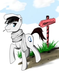Size: 450x566 | Tagged: safe, artist:madhotaru, imported from derpibooru, clothes, hat, looking at you, male, mouth hold, ostap bender, ponified, scarf, soviet, stallion, the twelve chairs