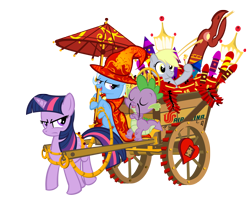 Size: 1400x1156 | Tagged: safe, artist:pixelkitties, imported from derpibooru, derpy hooves, spike, trixie, twilight sparkle, pegasus, pony, unicorn, chinese new year, female, fireworks, imminent explosion, mare, simple background, this will end in explosions, transparent background, unicorn twilight