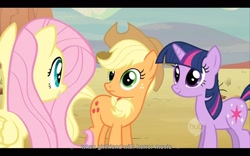 Size: 1680x1050 | Tagged: safe, imported from derpibooru, screencap, applejack, fluttershy, twilight sparkle, the last roundup, appletwishy, youtube caption