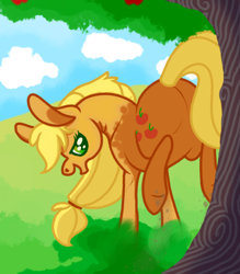 Size: 350x400 | Tagged: safe, artist:spiderishdrawsmostlyponies, imported from derpibooru, applejack, pony, applebucking, applebutt, butt, female, plot, solo