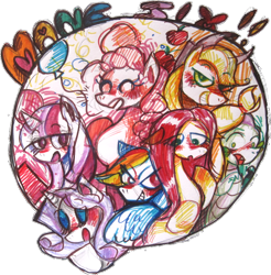 Size: 724x737 | Tagged: safe, artist:snovve, imported from derpibooru, applejack, fluttershy, pinkie pie, rainbow dash, rarity, spike, twilight sparkle, mane seven, mane six, simple background, traditional art, transparent background