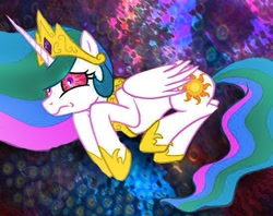 Size: 548x433 | Tagged: safe, imported from derpibooru, princess celestia, alicorn, pony, bloodshot eyes, female, lsd, solo