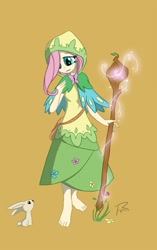 Size: 849x1350 | Tagged: safe, artist:didj, imported from derpibooru, angel bunny, fluttershy, my little mages, barefoot, clothes, dress, druid, feet, flutterdruid, humanized, staff