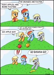 Size: 2198x3040 | Tagged: safe, artist:ciriliko, imported from derpibooru, applejack, derpy hooves, rainbow dash, pegasus, pony, apple, banana, comic, creeper, female, high res, mare, orange, that pony sure does love apples, the simpsons