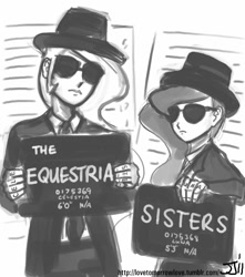 Size: 882x1000 | Tagged: safe, artist:johnjoseco, imported from derpibooru, princess celestia, princess luna, human, blues brothers, crossover, grayscale, humanized, monochrome