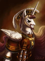 Size: 900x1227 | Tagged: safe, artist:whitestar1802, imported from derpibooru, princess celestia, alicorn, pony, clothes, jewelry, male, painterly, prince solaris, regalia, rule 63, solo, stallion, tudor