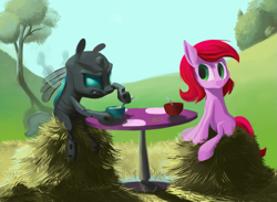 Size: 1253x919 | Tagged: safe, artist:justdayside, imported from derpibooru, oc, oc only, changeling, nymph, breakfast, duo, filly