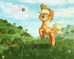 Size: 1000x794 | Tagged: safe, artist:whiteeyedcat, imported from derpibooru, applejack, earth pony, parasprite, pony, apple, apple tree, female, mare, orchard, rearing, tree