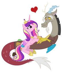 Size: 1538x1780 | Tagged: safe, artist:papercutpony, imported from derpibooru, discord, princess cadance, crack shipping, discodance, female, heart, infidelity, love, male, princess cheatdance, shipping, simple background, straight, transparent background