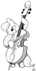 Size: 570x1110 | Tagged: safe, artist:masternodra, imported from derpibooru, octavia melody, earth pony, pony, bipedal, black and white, cello, female, grayscale, hoof hold, mare, monochrome, musical instrument, neo noir, partial color, solo