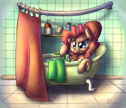 Size: 2876x2467 | Tagged: safe, artist:leadhooves, imported from derpibooru, gummy, pinkie pie, bath, bathroom, bathtub, claw foot bathtub, high res, rubber duck, shower curtain, smiling, soap, tongue out, towel, tub, water, wet, wet mane