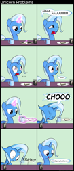 Size: 1000x2286 | Tagged: safe, artist:subjectnumber2394, imported from derpibooru, trixie, pony, unicorn, ..., comic, crashing, female, mare, mr bean, pinecone, sneezing