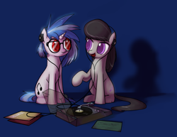 Size: 1488x1148 | Tagged: safe, artist:valcron, imported from derpibooru, dj pon-3, octavia melody, vinyl scratch, earth pony, pony, unicorn, colored pupils, cute, dark blue background, duo, featured image, female, glasses, headphones, looking at each other, mare, record, record player, red eyes, sharing headphones, simple background, sitting, sweet dreams fuel, tavibetes, turntable, vinylbetes, wrong eye color