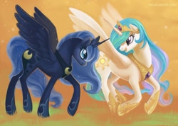 Size: 943x673 | Tagged: safe, artist:sugarsongart, imported from derpibooru, princess celestia, princess luna, alicorn, pony, duo, duo female, female, mare, sisters