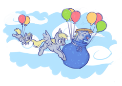 Size: 841x595 | Tagged: safe, artist:rasenth, imported from derpibooru, derpy hooves, dinky hooves, hugh jelly, pegasus, pony, balloon, cloud, cloudy, equestria's best uncle, eyes closed, female, flying, mare, mother and daughter, mouth hold, sky, trio