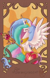 Size: 844x1313 | Tagged: dead source, safe, artist:cherrypup-e, artist:licoricebunny, imported from derpibooru, princess celestia, alicorn, pony, eyes closed, female, mare, scepter, solo, spread wings, tarot card, wings