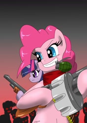 Size: 1240x1754 | Tagged: safe, artist:ciriliko, imported from derpibooru, pinkie pie, twilight sparkle, earth pony, pony, zombie, bipedal, female, grenade, gun, mare, mouth hold, shotgun, weapon