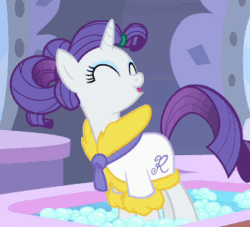 Size: 330x300 | Tagged: safe, imported from derpibooru, screencap, rarity, pony, unicorn, green isn't your color, animated, bathrobe, clothes, cropped, cute, eyes closed, female, hair up, open mouth, raribetes, robe, solo, spa, talking