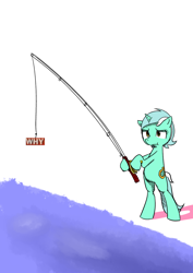 Size: 1240x1754 | Tagged: safe, artist:miles, artist:rustydooks, imported from derpibooru, lyra heartstrings, pony, unicorn, bait, bipedal, female, fishing, fishing rod, hoof hold, solo, why