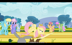 Size: 1024x640 | Tagged: safe, imported from derpibooru, screencap, dizzy twister, fluttershy, lightning bolt, merry may, orange swirl, rainbowshine, sassaflash, white lightning, duck, pegasus, pony, rabbit, squirrel, hurricane fluttershy, female, mare, youtube caption