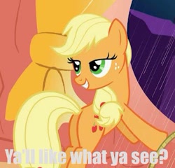 Size: 313x301 | Tagged: safe, edit, edited screencap, imported from derpibooru, screencap, applejack, earth pony, pony, bedroom eyes, bipedal, bipedal leaning, butt, butt tail, caption, female, implied, looking back, mare, plot, sexy, solo