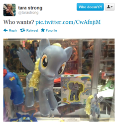 Size: 468x486 | Tagged: safe, imported from derpibooru, derpy hooves, pegasus, pony, comic con, fashion style, female, irl, mare, photo, san diego comic con, tara strong, text, toy, twitter
