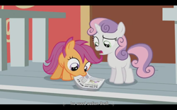 Size: 1024x640 | Tagged: safe, imported from derpibooru, screencap, scootaloo, sweetie belle, ponyville confidential, meme, newspaper, ponyville schoolhouse, youtube caption