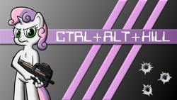 Size: 900x506 | Tagged: safe, artist:scramjet747, imported from derpibooru, sweetie belle, anthro, female, gun, p90, solo, sweetie bot