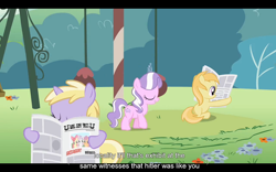 Size: 1024x640 | Tagged: safe, imported from derpibooru, screencap, diamond tiara, dinky hooves, noi, ponyville confidential, godwin's law, ponyville, youtube caption