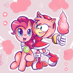 Size: 700x706 | Tagged: safe, artist:ipun, imported from derpibooru, pinkie pie, amy rose, cotton candy, crossover, food, pink, sonic the hedgehog (series)