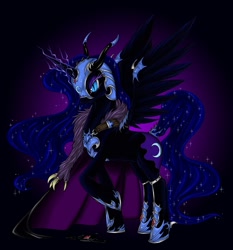 Size: 800x860 | Tagged: safe, artist:longinius, imported from derpibooru, nightmare moon, alicorn, pony, armor, black background, cape, clothed ponies, clothes, coat, ethereal mane, feather boa, female, helmet, hoof shoes, mare, simple background, solo, starry mane