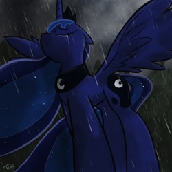 Size: 1000x1000 | Tagged: safe, artist:dracojayproduct, imported from derpibooru, princess luna, alicorn, pony, backwards cutie mark, crying, eyes closed, female, mare, rain, solo