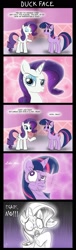 Size: 726x2402 | Tagged: safe, artist:melancholy, imported from derpibooru, rarity, twilight sparkle, unicorn, comic, dialogue, duckface, egads no, faic, pouting, speech bubble, unicorn twilight