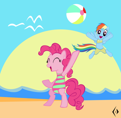 Size: 3955x3840 | Tagged: safe, artist:psychedelicskooma, imported from derpibooru, pinkie pie, rainbow dash, beach, beach ball, bikini, clothes, cute, high res, one-piece swimsuit, swimsuit