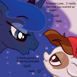 Size: 900x900 | Tagged: dead source, safe, artist:gavalanche, imported from derpibooru, pipsqueak, princess luna, alicorn, earth pony, pony, luna eclipsed, bedroom eyes, black background, blushing, colt, comic sans, duo, eye contact, female, floppy ears, grin, lidded eyes, looking at each other, lunapip, male, mare, scene interpretation, shipping, simple background, smiling, straight, text