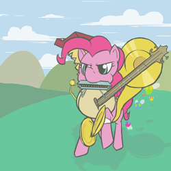 Size: 800x800 | Tagged: dead source, safe, artist:acidandgrit, imported from derpibooru, pinkie pie, earth pony, parasprite, pony, accordion, banjo, cymbals, female, harmonica, musical instrument, one man band, solo, tuba