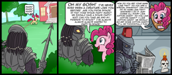 Size: 1500x656 | Tagged: safe, artist:madmax, imported from derpibooru, apple bloom, pinkie pie, yautja, comic, crossover, disembodied head, fez, grim, hat, hunting trophy, mounted head, newspaper, pi, predator (franchise), the grim adventures of billy and mandy, trophy