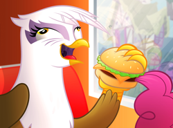 Size: 1920x1422 | Tagged: safe, artist:misterdavey, imported from derpibooru, gilda, pinkie pie, griffon, abuse, awesome face, burger, carnivore, drool, fetish, food, food chain, griffons doing griffon things, imminent vore, meat, pinkie prey, pinkiebuse, revenge